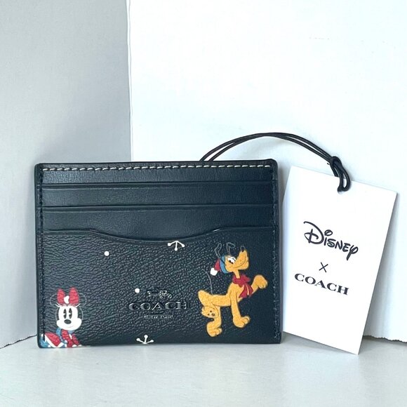 Disney x Coach Slim ID Card Case Holiday CN032 Black Leather Minnie Pluto ORGPKG - Picture 7 of 8